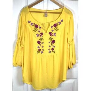 Embroidered Sheer Floral Tunic Pockets Tie at Neck Lantern Sleeves XL Yellow